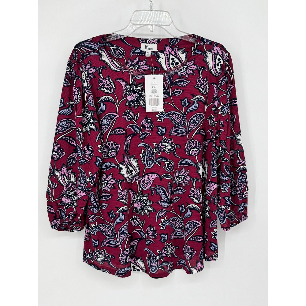 Kim Rogers Blouse Women PXL Sangria Floral Paisley NEW 3/4 Sleeve Scoop Neck Top